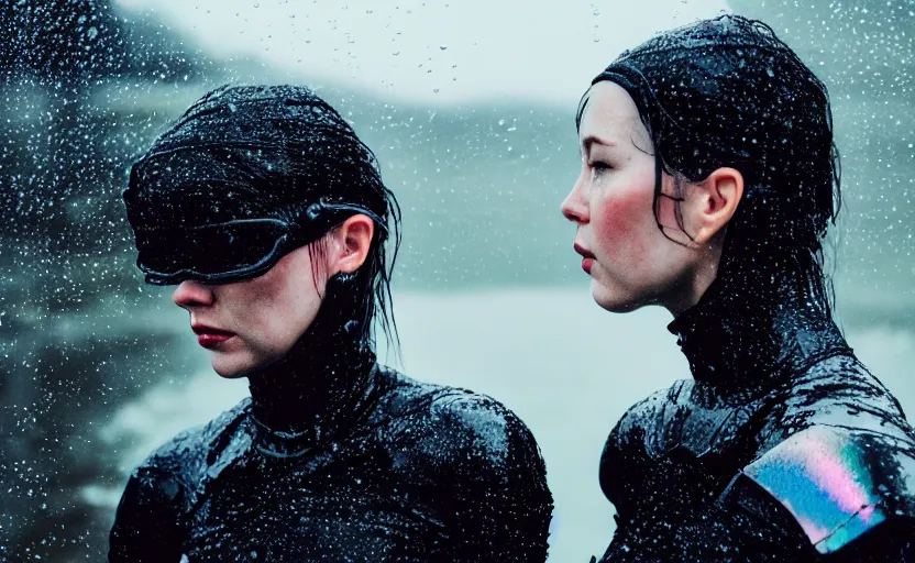 Image similar to cinestill 5 0 d candid action photographic portrait by quentin tarantino of two loving female androids wearing rugged black mesh techwear in treacherous waters, extreme closeup, modern cyberpunk retrofuturism moody emotional cinematic, pouring iridescent rain, 8 k, hd, high resolution, 3 5 mm, f / 3 2, motion blur, ultra realistic faces, ex machina