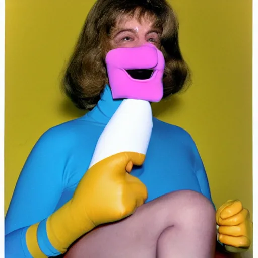 Prompt: 1976 woman wearing an inflatable plastic mouth, soft color,wearing a leotard 1976 holding an anthropomorphic finger, color film 16mm Almodovar John Waters Russ Meyer Doris Wishman old photo