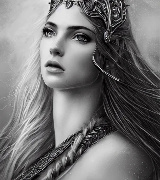 Prompt: portrait of very beautiful aphrodite goddess as an archer, arrow crown, beautiful piercing eyes, flowing blonde hair, realistic face, black and white drawing, in the style of greg rutkowski, fantasy, amazing detail, epic, intricate, elegant, smooth, sharp focus