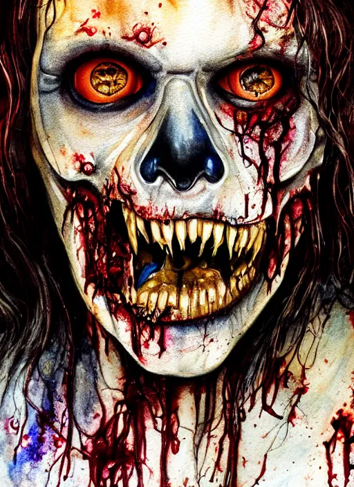 Image similar to zombie hollywood professional acting headshot, hyperrealism, intricate detailed, studio lighting, charming expression gesicht, watercolor art, drawn and painted, colored layers, dulled contrast