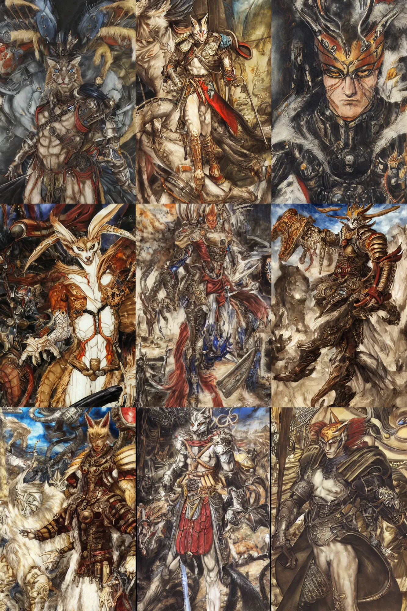 Image similar to 8k Yoshitaka Amano painting of upper body of a young cool looking slim caracal beast-man with white mane at a medieval market at windy day. Depth of field. He is wearing complex fantasy armors. He has huge paws. Renaissance style lighting.