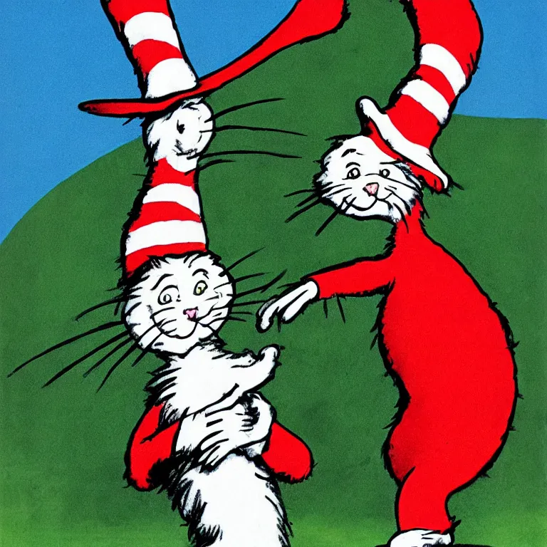 Prompt: cat in the hat terrifying nightmare, illustration by dr. seuss