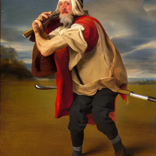 Prompt: a homeless man holding a golf club in the style of a baroque painting