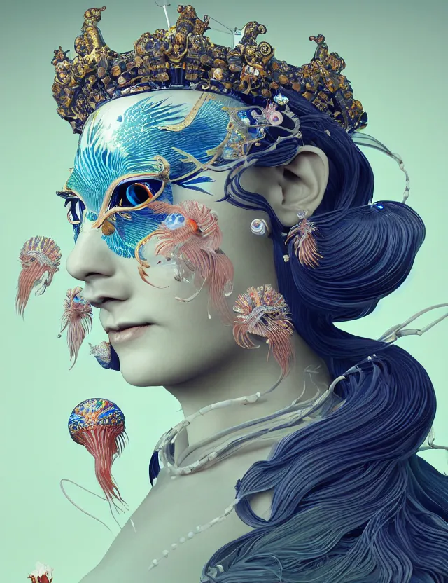 Image similar to 3 d goddess close - up profile portrait with crown, ram skull. beautiful intricately detailed japanese crow kitsune mask and clasical japanese kimono. betta fish, jellyfish phoenix, bio luminescent, plasma, ice, water, wind, creature, artwork by tooth wu and wlop and beeple and greg rutkowski