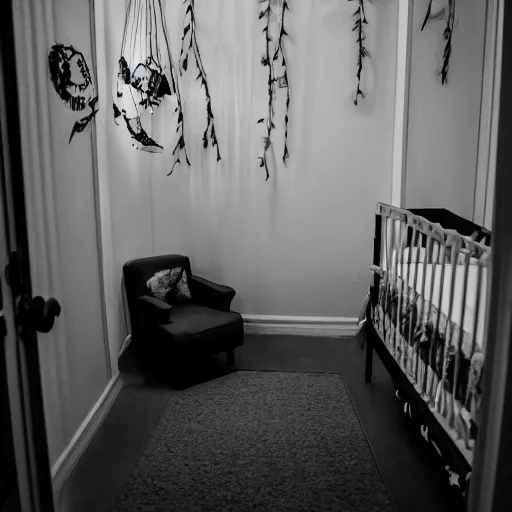 Image similar to creepy nursery liminal space, dark photograph