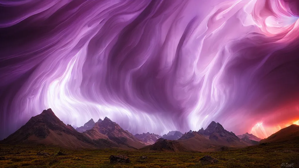 Image similar to amazing landscape photo of mountains with a purple tornado by marc adamus, beautiful dramatic lighting