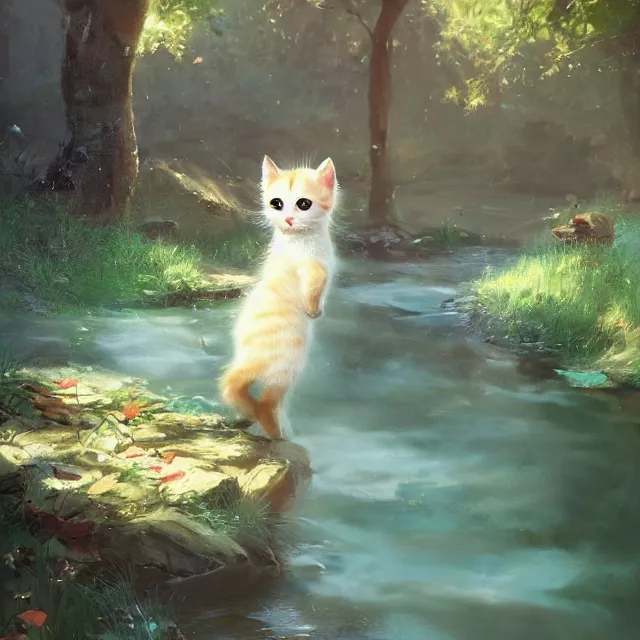 Image similar to a painting of a cute kitten at a creek. disney character design by cory loftis, fenghua zhong, ryohei hase, ismail inceoglu and ruan jia. volumetric light, detailed, rendered in octane