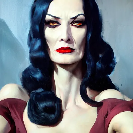 Image similar to greg manchess portrait painting of partially armored morticia from addams family as overwatch character, medium shot, asymmetrical, profile picture, organic painting, sunny day, matte painting, bold shapes, hard edges, street art, trending on artstation, by huang guangjian and gil elvgren and greg rutkowski