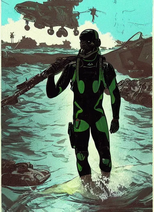 Image similar to Hector. USN blackops operator emerging from water at the shoreline. Operator wearing Futuristic wetsuit and looking at an abandoned shipyard. Frogtrooper. rb6s, MGS, and splinter cell Concept art by James Gurney, Alphonso Mucha. Vivid color scheme.