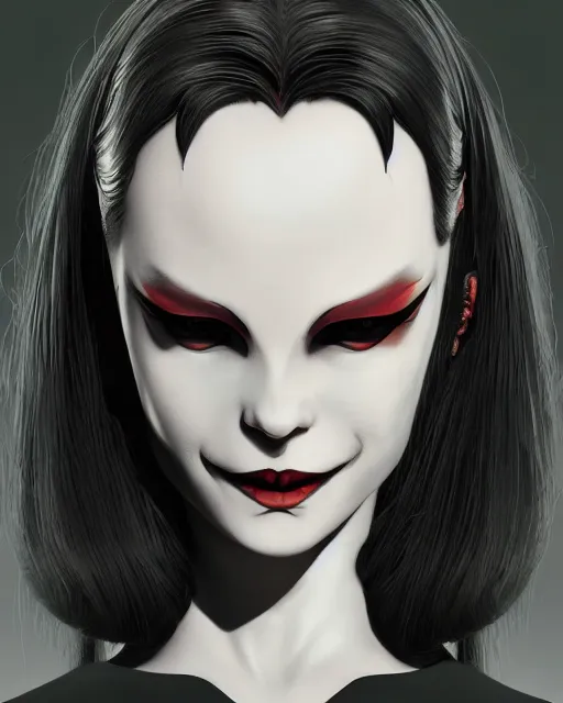 Image similar to beautiful female vampire, symmetrical face, evil grin, cinematic, dramatic, super detailed and intricate, 4 k render, by koson ohara, by darwyn cooke, by satoshi kon