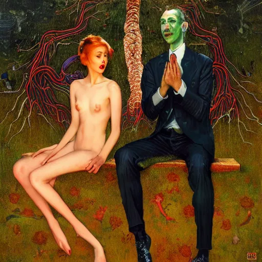 Image similar to two lovers wearing a suit made of nervous system, channeling third eye energy, surrounded by a background of cyber mystic garden of earthly delights, painted part by wojciech siudmak, part by ilya repin, part by norman rockwell, part by zhang jingna, artstation