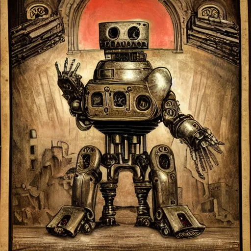 Image similar to mechanicus ab antiquo romanus architectus bellator designatur. fantastica humanoideus structurae virium roboticae per visum inpendet. ultimae legionis golem. belli apparatus. perquam mina. alta definitio imaginis