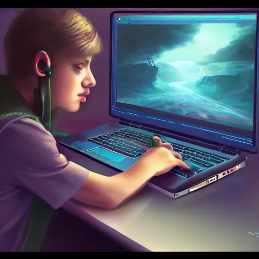 Image similar to realistic teenager using laptop in super tech room, artstation trends, concept art, highly detailed, intricate, sharp focus, digital art, 8 k