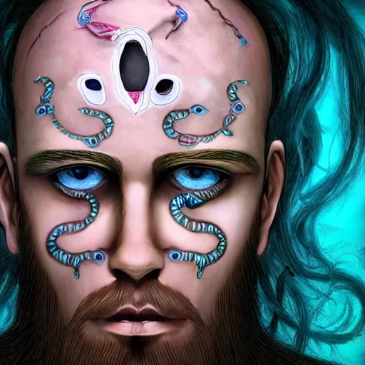 Image similar to !5 three eyed gods, third eyes middle of foreheads, very wide wide shot, very hairy bodies, beautiful colors, eyes in forehead, beautiful lighting, detailed photographs, very detailed