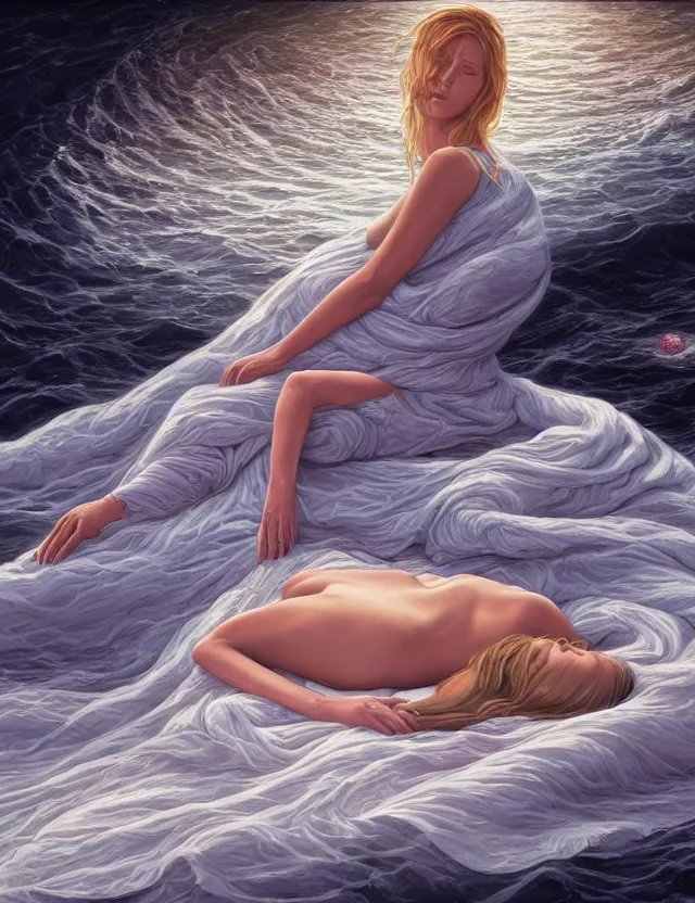 Image similar to A woman sleeping covered by the ocean, masterpiece digital painting by Alex Grey, Greg Rutkowski, 4k wallpaper