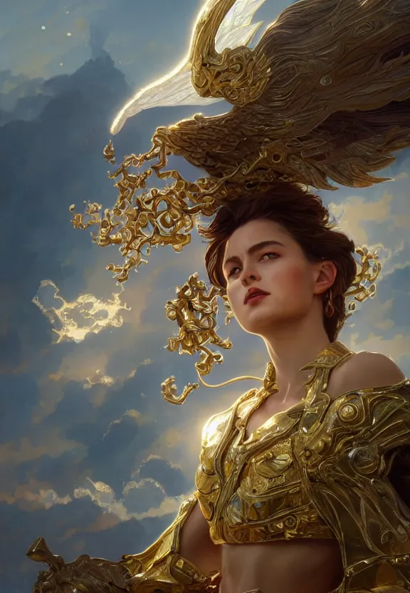 Image similar to A beautiful fierce angel wearing metallic battle armor, posing among heavenly sunlit clouds, close-up shot, intricate, elegant, digital painting, golden hour, cinematic, trending on artstation, concept art, smooth, sharp focus, illustration, art by artgerm and Greg Rutkowski and Alphonse Mucha