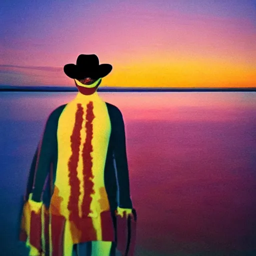 Image similar to A beautiful photograph of a lone ranger, set against a backdrop of a beautiful sunset. by Karel Thole, by Piet Hein Eek colorful