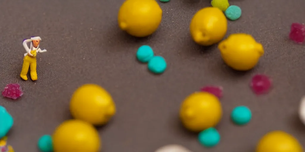 Image similar to a cinematic film still of a claymation stop motion film about a town made of lemons and candy, shallow depth of field, 8 0 mm, f 1. 8