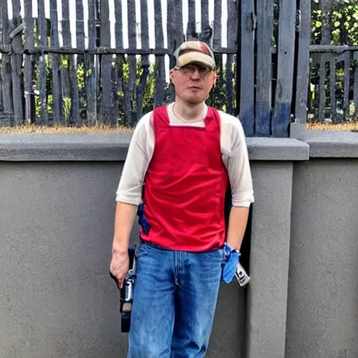 Image similar to Young man standing looking to the right in a red bandana, blue striped shirt, gray vest and a gun with a partly cloudy sky in the background. The young man is standing in front of an iron fence. Photograph. Real life