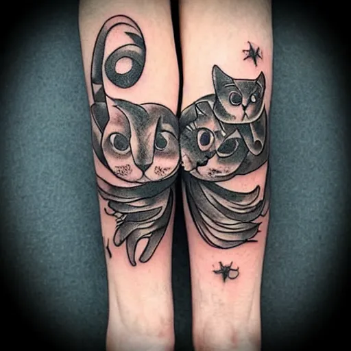 Prompt: two cats holding each other's tail, circle design, tattoo design, inking on skin, designed by Android Jones