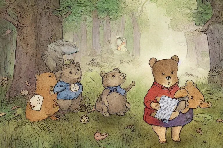 Image similar to a detailed children's book illustration by beatrix potter of a cute female bear child holding an envelope with a look of surprise surrounded by woodland animals. digital art, trending on artstation.