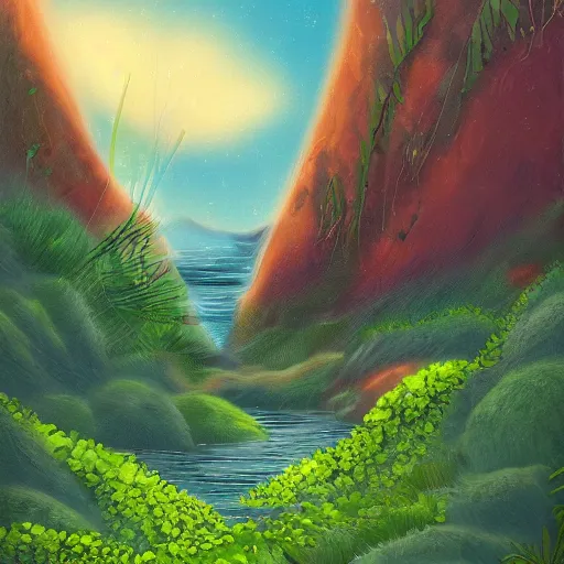 Image similar to digital painting of a lush natural scene on an alien planet by alayna danner. beautiful landscape. weird vegetation. cliffs and water.