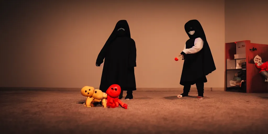 Prompt: child plays with toys in a room while a hooded ominous figure stands in the corner hidden in shadow with red glowing eyes, mysterious and horror atmosphere