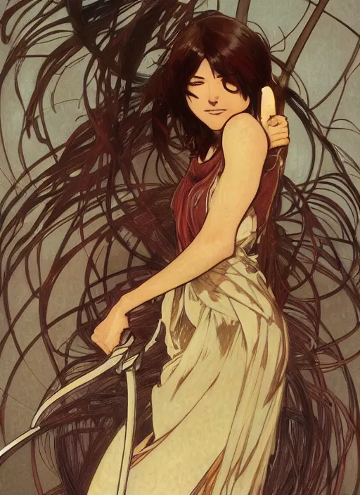 Image similar to Mikasa Ackerman, concept art, smooth matte, focused, illustration art style by Ian Spriggs and Alphonse Mucha