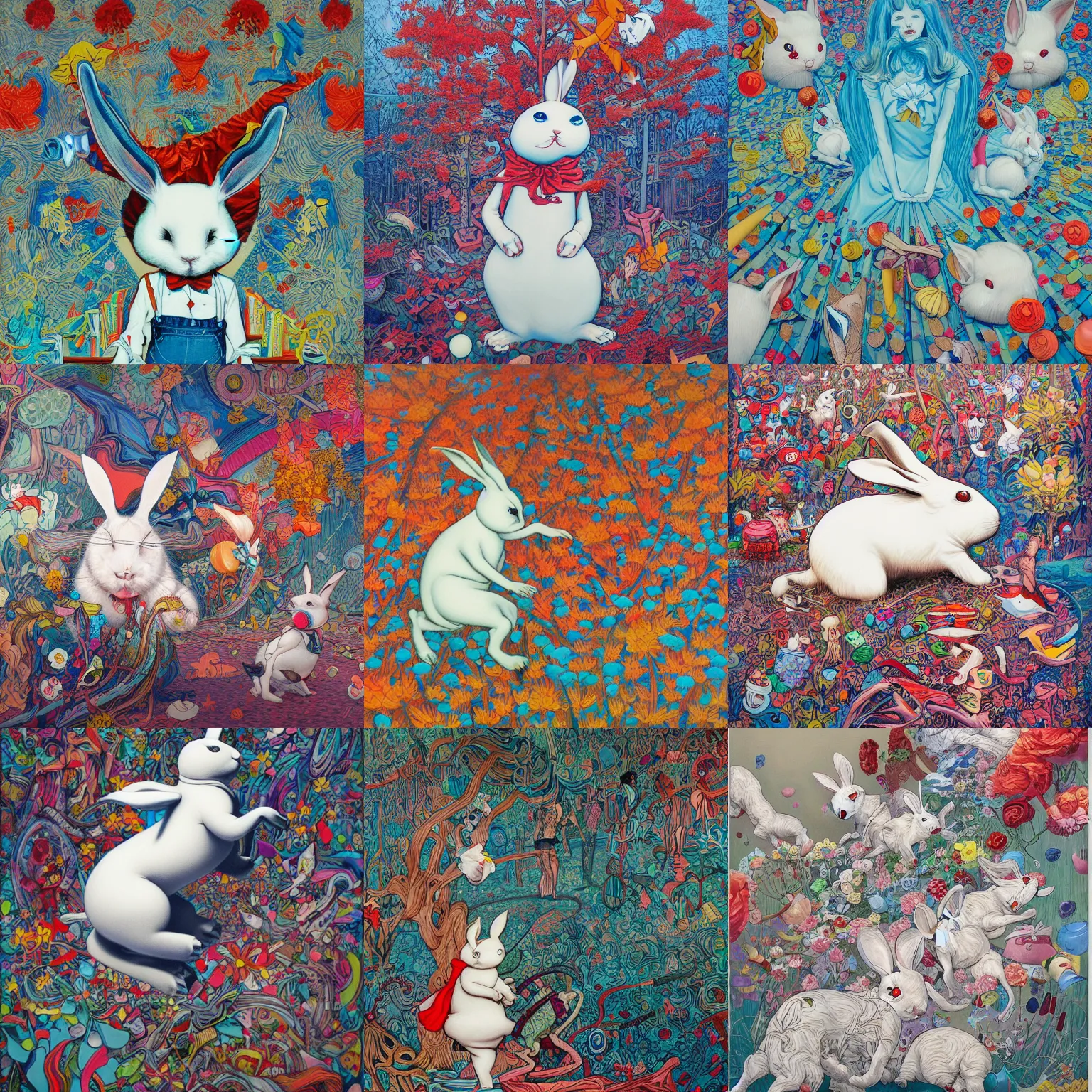Prompt: chasing the white rabbit by james jean, oil on canvas, vivid, colorful