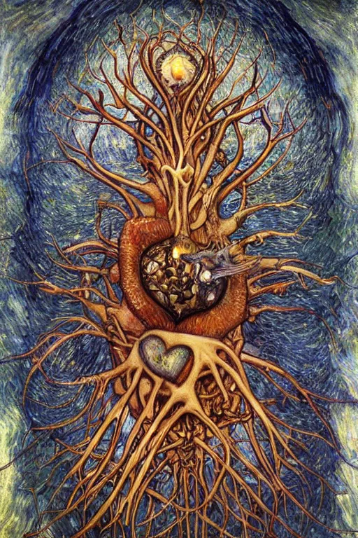 Prompt: Heart of Thorns by Karol Bak, Jean Deville, Gustav Klimt, and Vincent Van Gogh, portrait of an anatomical heart, sacred heart, Surreality, otherworldly, infernal enigma, Helliquary, fractal structures, celestial, arcane, ornate gilded medieval icon, third eye, spirals, dramatic sharp thorns, rich deep moody colors