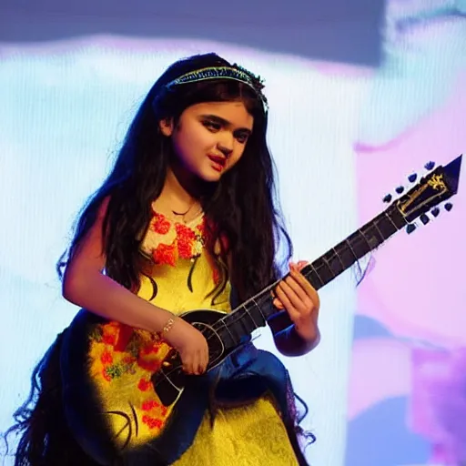 Image similar to Angelina Jordan singing on stage with a bouquet of flowers in her hair