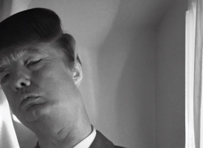 Prompt: screenshot from moody scene of Donald Trump looking out window, in High and Low, 1963 film directed by Akira Kurosawa, kodak film stock, black and white, anamorphic lens, 4K, detailed, stunning cinematography and composition shot by Takao Saito, 70mm