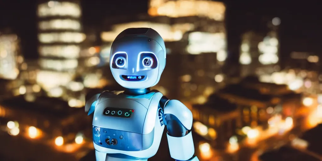 Prompt: extreme close up of a robot smiling in downtown at night, macro photography, heavy depth of field