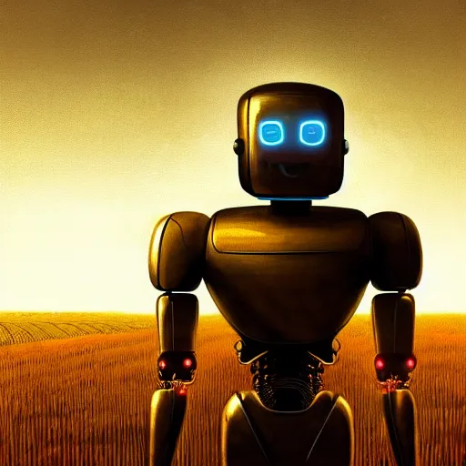 Prompt: digital painting of a glowing robot with gold wires levitating in a wheat field, synthetic humanoid smooth body, at night, stunning, cinematic lighting, concept art by greg rutkowski and simon stalenhag, artstation, cinematic, masterpice, insanely detailed, very realistic