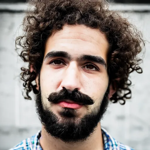 Image similar to Young Sicilian man with curly hair, moustache and a short beard wearing a flannel. Sigma 85mm f_1.4, 4k, portrait photography