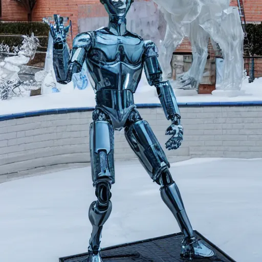 Image similar to made of ice, a realistic detailed photo of a guy who is an attractive humanoid who is half robot and half humanoid, who is a male android, on display, blank stare, showing off his muscles, shiny skin, posing like a statue, by the pool, frozen ice statue, twitch streamer / gamer ludwig, humanoid robot