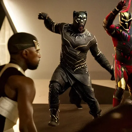 Prompt: kanye west as black panther, action shot, marvel movie,