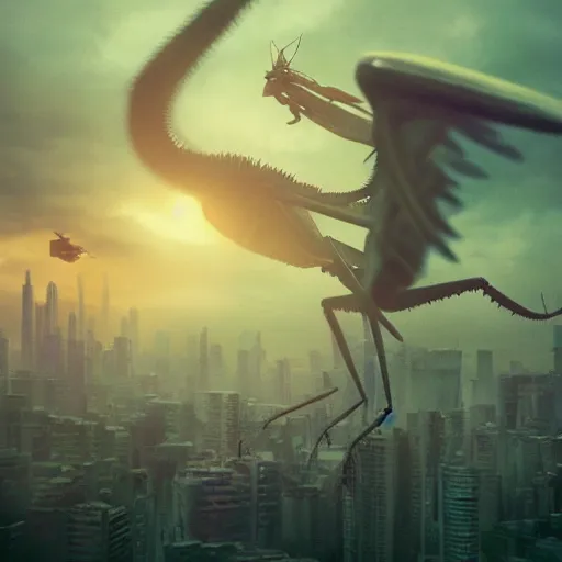 Prompt: a mantis kaiju with spread wings attacking a city, legendary epic shot, blade runner, low camera angle, dust, by artgerm, cloverfield movie, julie bell, beeple and Greg Rutkowski, airbrush, concept art, matte painting, 80s, Smooth gradients, octane render, 8k, High contrast, duo tone, depth of field, volumetric lightning, very coherent artwork