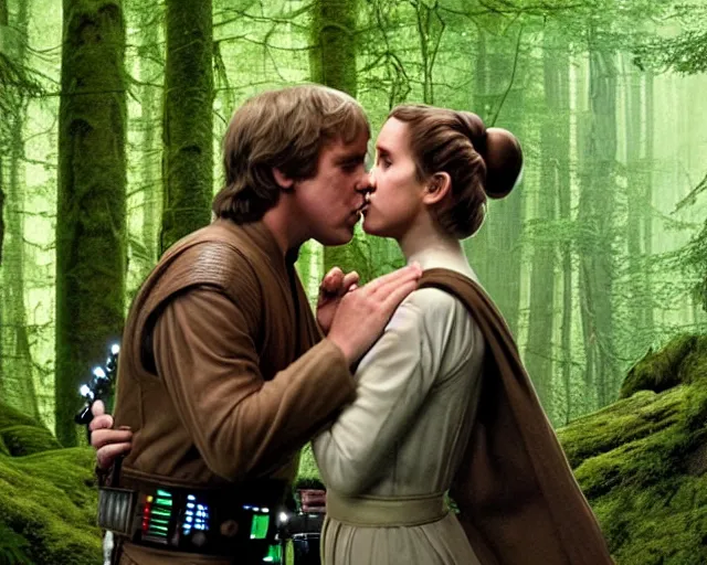 Image similar to luke skywalker, princess leia and han solo hugging and kissing in the forest of endor in a modern remake of return of the jedi