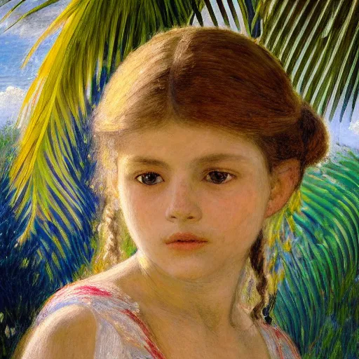 Image similar to a ultradetailed beautiful painting of a girl in the amazonas palace designed by jules bastien - lepage, hans belmer, frank weston and gustave baumann, beach, trending on artstation, mediterranean, palm trees, refracted color sparkles, sharp focus, soft light, 8 k 4 k