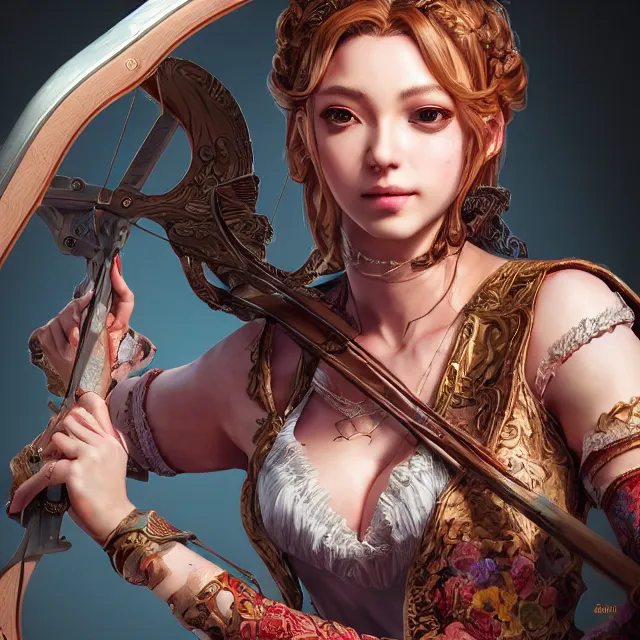 Image similar to the portrait of lawful neutral semi - colorful female archer socialite as absurdly beautiful, gorgeous, elegant, young gravure idol, an ultrafine hyperdetailed illustration by kim jung gi, irakli nadar, intricate linework, bright colors, octopath traveler, final fantasy, unreal engine 5 highly rendered, global illumination, radiant light, detailed and intricate environment