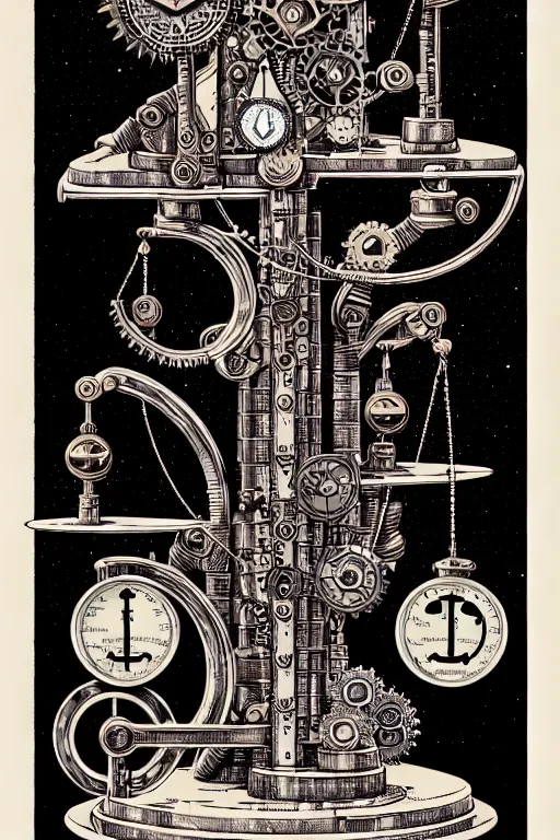 Image similar to a steampunk alchemists ancient balance scale, furniture, high details, bold line art, by vincent di fate and joe fenton, inking, etching, screen print, masterpiece, trending on artstation, sharp, high contrast, hyper - detailed,, hd, 4 k, 8 k