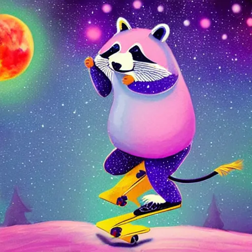 Image similar to fat raccoon skating through the cosmos, colorful, realistic