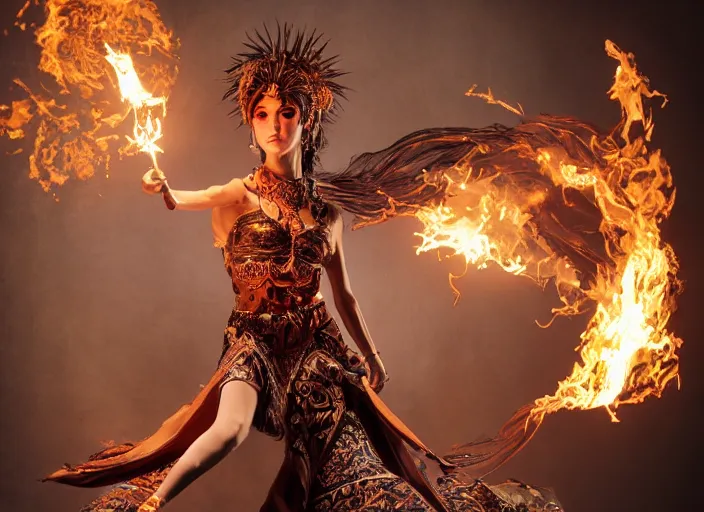 Prompt: studio portrait of a graceful fire dancer holding blow torches, fantasy, absurdly beautiful, wearing an elegant tribal outfit,, ultrafine hyperrealistic detailed face illustration by kim jung gi, irakli nadar, ultra realistic, final fantasy, 4 k, movie still, uhd, sharp, detailed, cinematic, render, modern