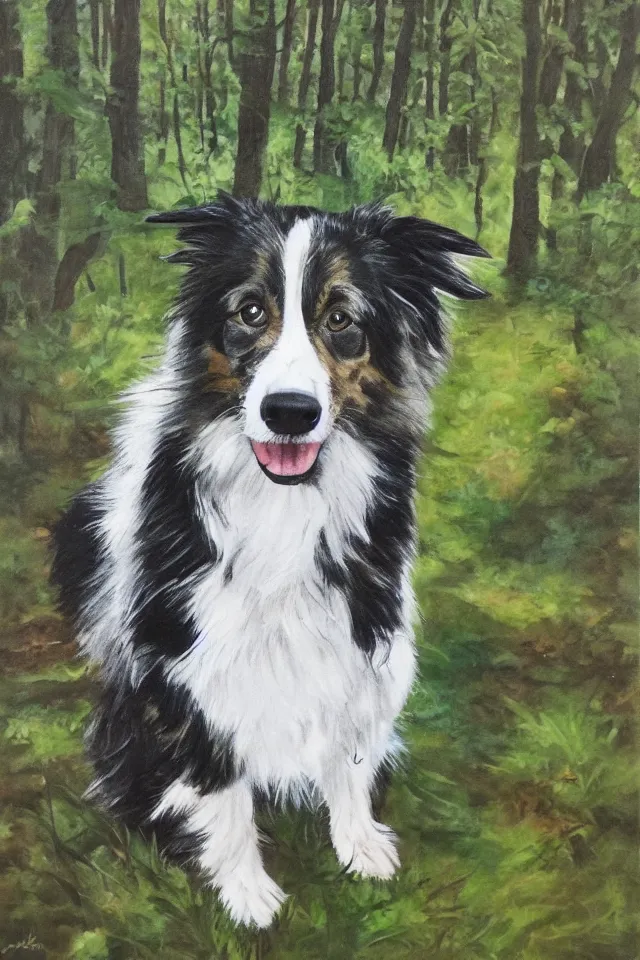 Image similar to painting of a cute merle border collie in the beautiful forest