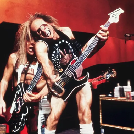 Image similar to david lee roth singing on stage with van halen inside a target store. photo by annie liebowitz.