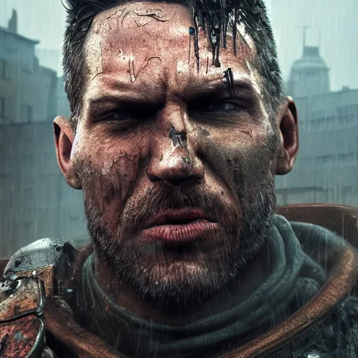 Prompt: fallout 5, charismatic imposing rugged mad max inspired protagonist, portrait, outdoors european cityscape, atmospheric lighting, painted, intricate, volumetric lighting, beautiful, daytime, wet, rainy, foggy weather, slight overcast, sharp focus, deep colours, ultra detailed, by leesha hannigan, ross tran, thierry doizon, kai carpenter, ignacio fernandez rios