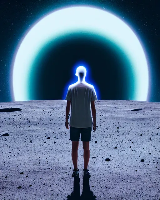 Image similar to a person standing in front of a glowy open door that's on a barren moon, poster art by mike winkelmann, trending on cg society, space art, sci - fi, ue 5, futuristic, volumetric lighting, light casting onto the ground, neat composition and camera angle