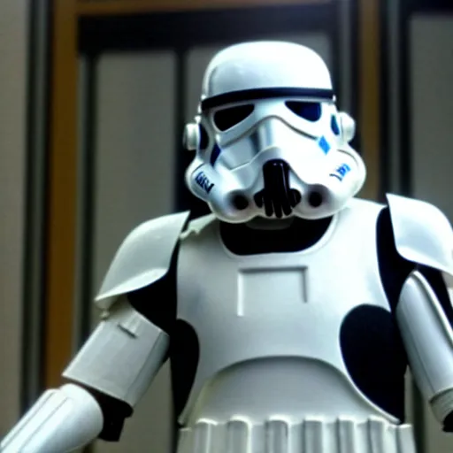 Image similar to mr. bean as a stormtrooper from star wars. movie still. cinematic lighting.