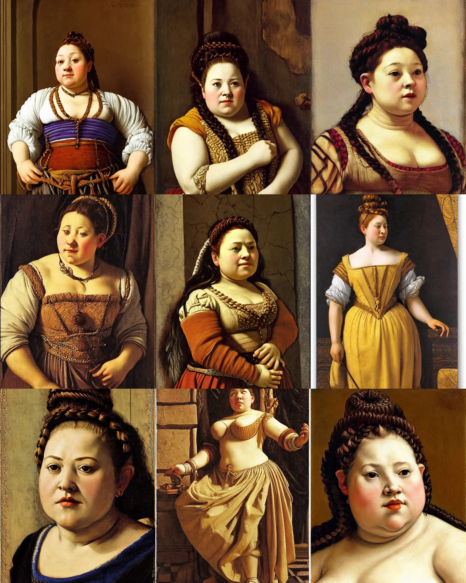 Prompt: female dwarven noblewoman, chubby short stature, braided intricate hair, by artemisia gentileschi